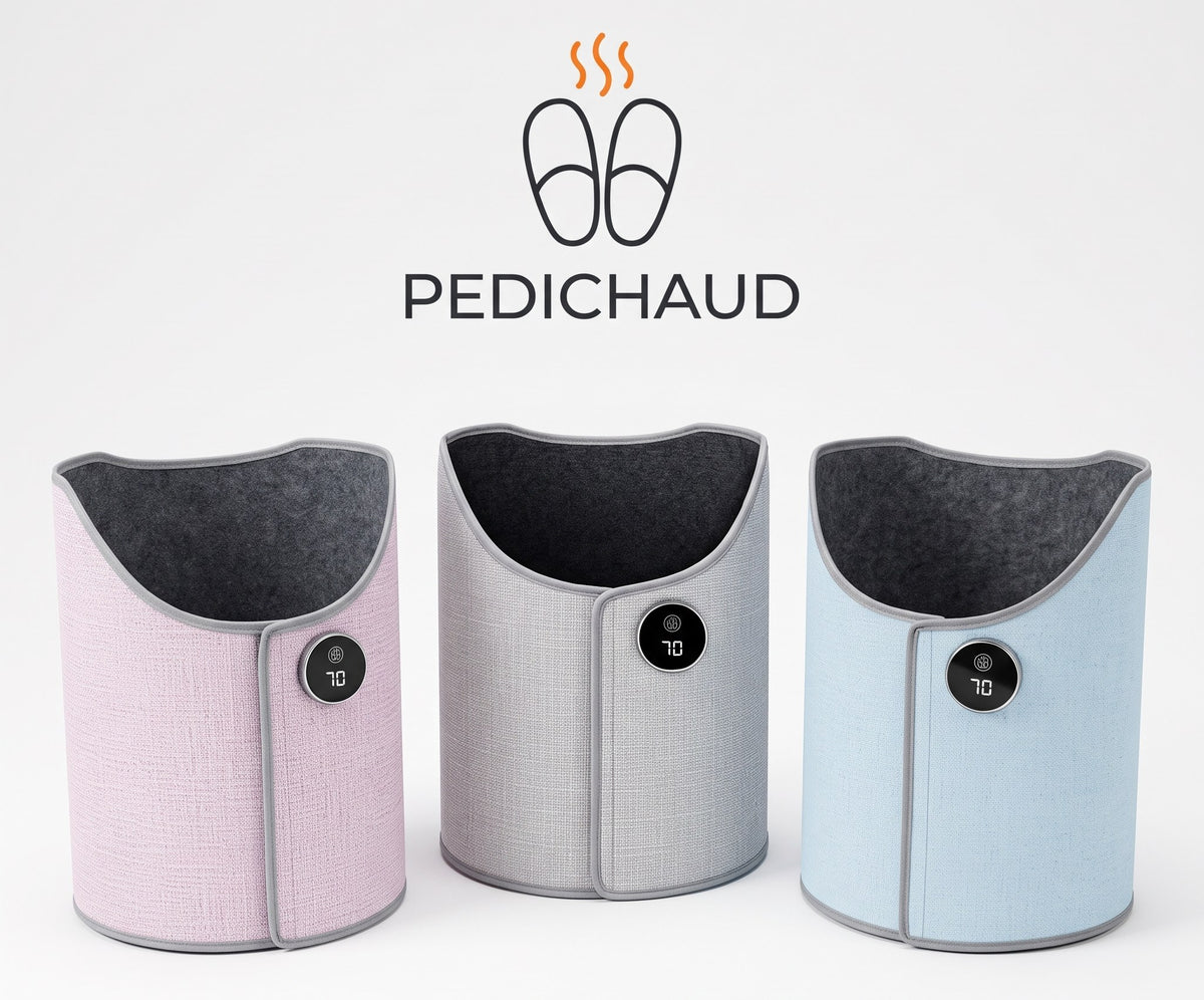 Pédichaud, chauffe-jambes en gris, rose et bleu ciel